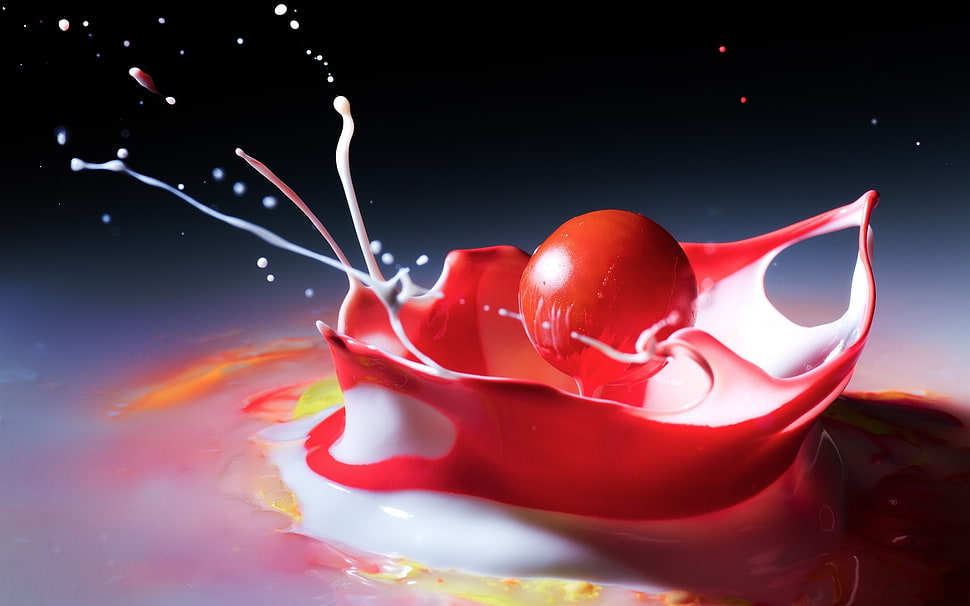red drop of paint splashed on multicolored surface digital wallpaper HD wallpaper