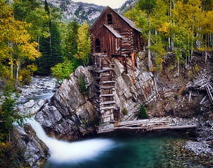 brown wooden cabin on cliff, crystal mill HD wallpaper