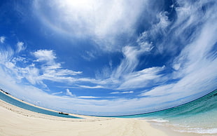 curved photo of white sand near the body of water