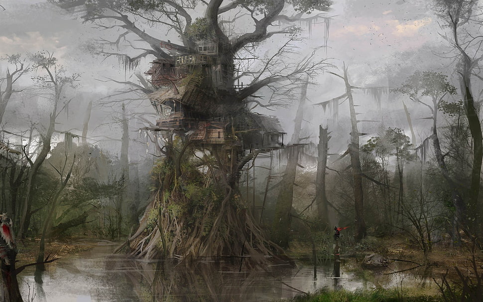 brown tree house illustration, fantasy art HD wallpaper