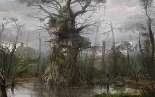 brown tree house illustration, fantasy art
