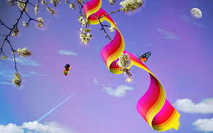 pink and yellow plastic toy, Moon, trees, hot air balloons