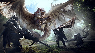 orcs fighting grey dragon HD wallpaper