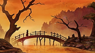 silhouette of samurai on bridge illustration