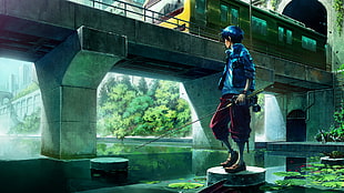 animated boy in blue jacket holding fishing rod wallpaper, anime boys, urban, train, anime HD wallpaper