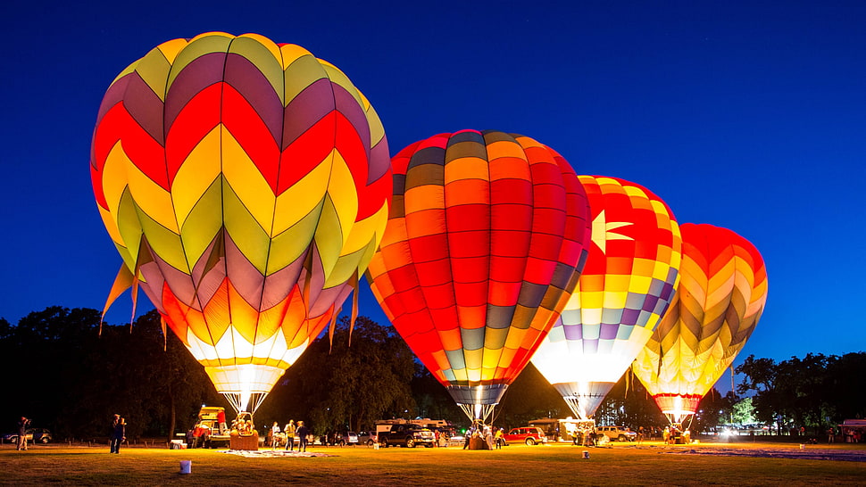 four assorted-color hot air balloons, hot air balloons HD wallpaper