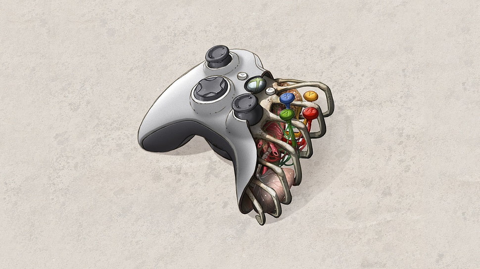 grey game controller illustration, artwork, controllers, Xbox, Xbox 360 HD wallpaper