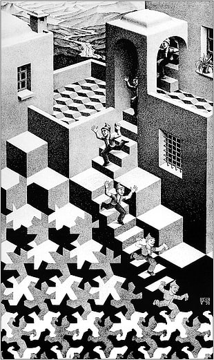 gray concrete house, artwork, optical illusion, M. C. Escher, monochrome