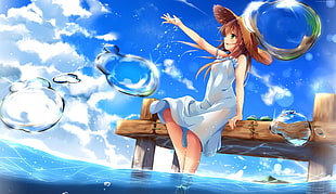 brown-haired female anime character wearing brown sunhat sitting on boardwalk