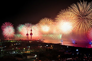 Aerial photography of Oriental Pearl Tower beside fireworks HD wallpaper