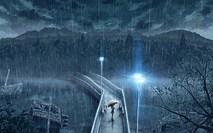 person standing on bridge under umbrella, anime, anime girls