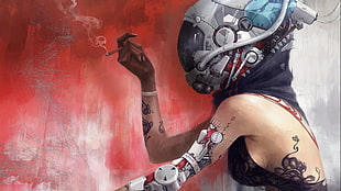 woman wearing helmet with robot arm