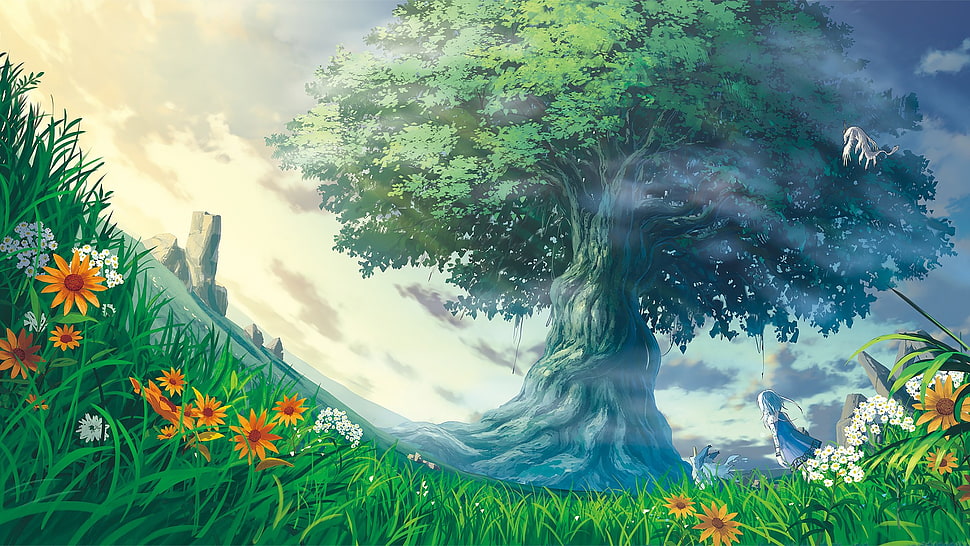 green tree wallpaper, original characters, landscape, trees, mana tree HD wallpaper