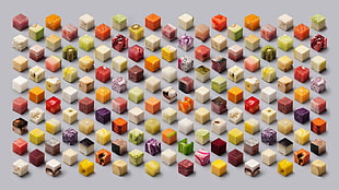 assorted-color dice lot, cube, minimalism, melons, kiwi (fruit)