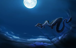 flying serpent under full moon digital wallpaper