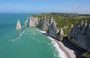 aerial photo of body of water and cliff, landscape, Étretat, Normandie