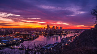 cityscape under cloudy sky, cityscape, sunset, Pittsburgh HD wallpaper