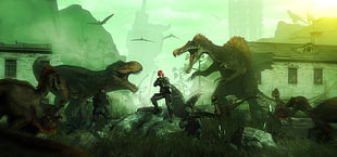 male character holding rifle surrounded by dinosaurs digital wallpaper, dinosaurs, weapon, Tyrannosaurus rex, spinosaurus