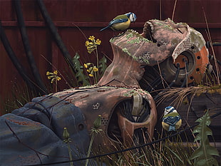 green and black feathered bird, cyberpunk, artwork, robot, rust