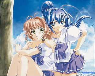 two female anime characters hugging illustration