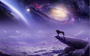 wolf facing milky way illustration, painting, airbrushed, digital art, lion