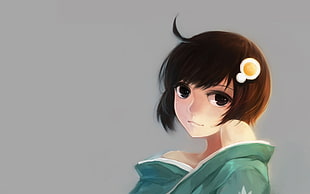 woman wearing blue top anime character digital wallpaper