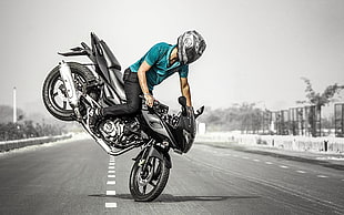 black and gray naked motorcycle, motorcycle, stunts