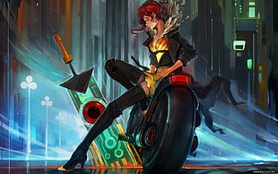 woman sitting on motorcycle beside sword on ground wallpaper