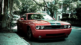 red sports car, Dodge Challenger, car, muscle cars, red