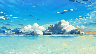 blue sky and clouds painting, water, sky, clouds HD wallpaper