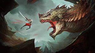 person holding sword in front of green dragon illustration, dragon, warrior, digital art