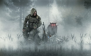 soldier being stalked by a beast wallpaper, S.T.A.L.K.E.R., S.T.A.L.K.E.R.: Shadow of Chernobyl, forest, mist HD wallpaper