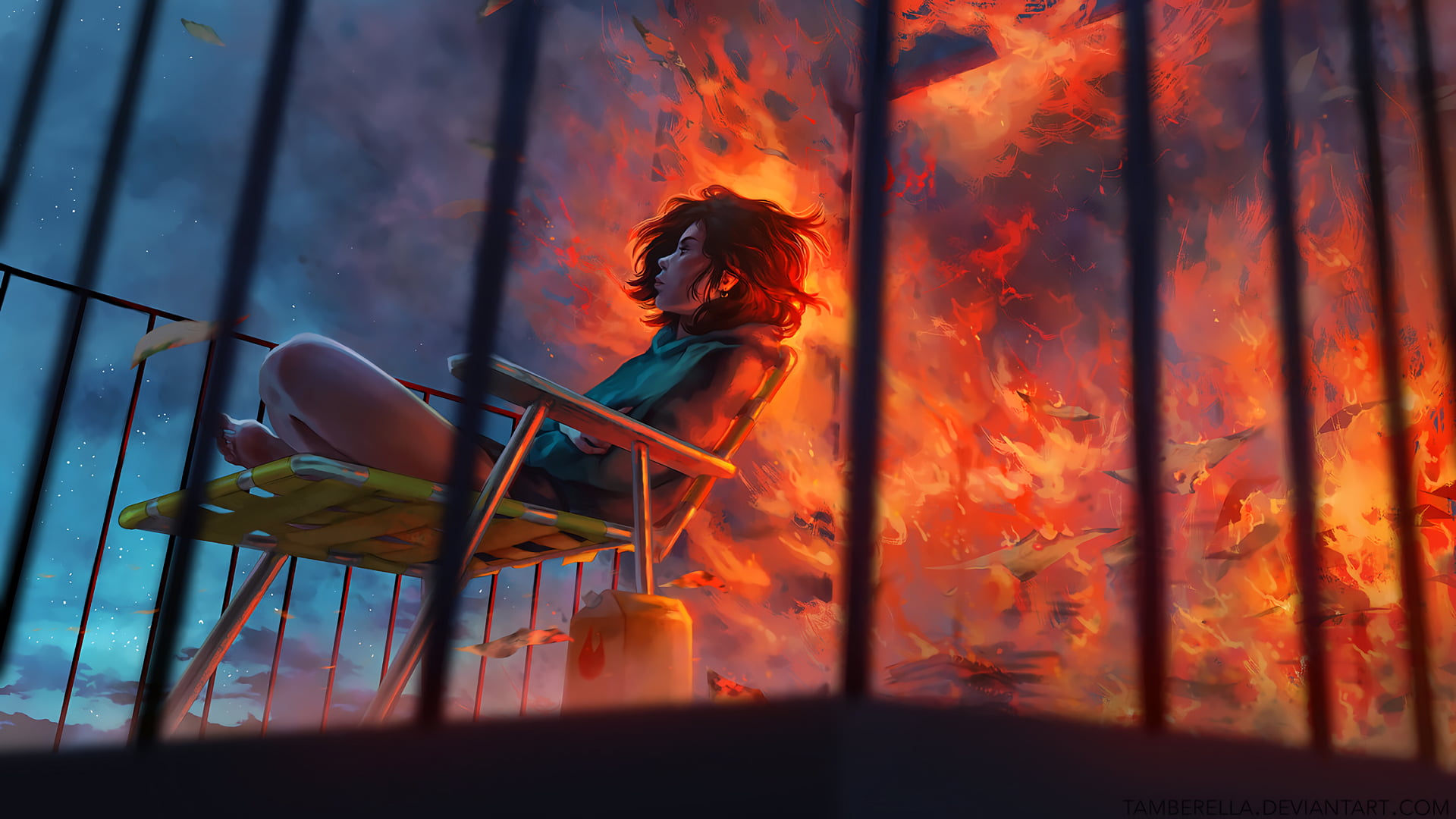 person sitting on outdoor lounge in front of flame illustration