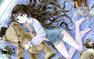 female with black hair anime hugging bear plush toy