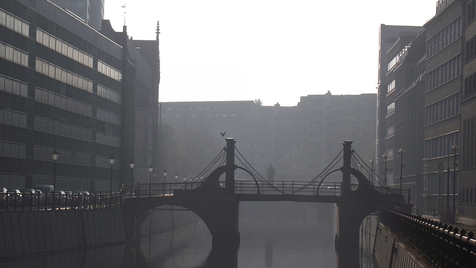 concrete bridge, bridge, monochrome, architecture, river HD wallpaper