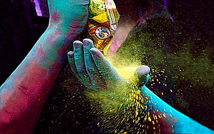 yellow and red pack, colorful, people, hands, holi festival 
