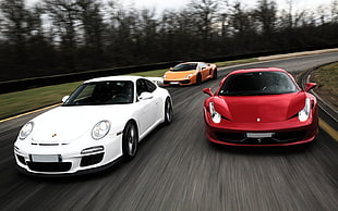 white, red, and yellow cars, car, Porsche, Ferrari 458, Lamborghini