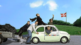 five men's riding on white coupe illustration HD wallpaper
