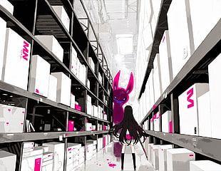girl between pallet rack with pink monster anime wallpaper