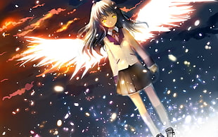 black hair female with wings anime character digital wallpaper