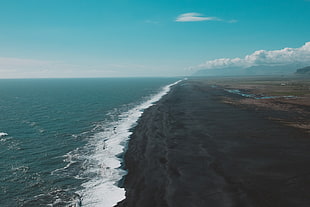 body of water and black sand, nature, water, beach, Iceland HD wallpaper
