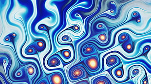 blue, white, and red abstract painting, abstract, swirl, fractal