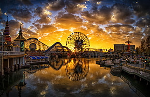 Disneyland amusement park, city, river, ferris wheel, reflection