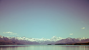 landscape photo of lake with mountain alps background
