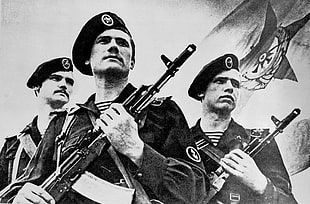 three soldiers grayscale photo, navy, Russian Navy, AK 74, Soviet Union