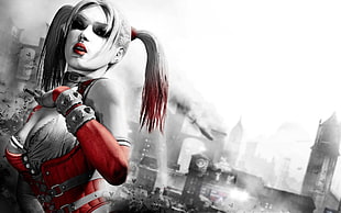 selective focus photography of Harley Quinn near the city, drawing, Harley Quinn, cleavage, Batman: Arkham City HD wallpaper