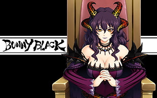 purple haired woman sitting on chair anime