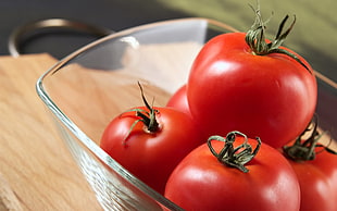 five red tomatoes on clear glass bowl