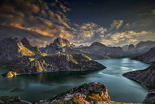 mountain with river digital wallpaper, landscape, nature, mountains, fjord