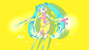 woman with blue hair in yellow dress anime character digital wallpaper